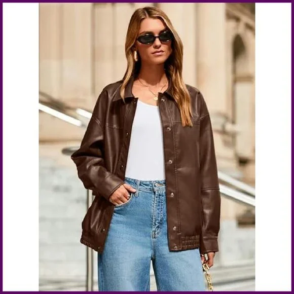Oversized Faux Leather Bomber Jacket, Relaxed Fit, Button Front